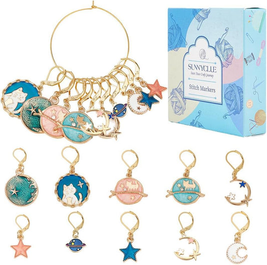 SUNNYCLUE 1 Box 20Pcs Stitch Markers Crochet Stitch Marker Cute Planet Moon Star Enamel Charms Clip On Removable Lobster Clasp Zipper Pull Charm Locking Knitting Markers for Weaving Sewing Quilting
