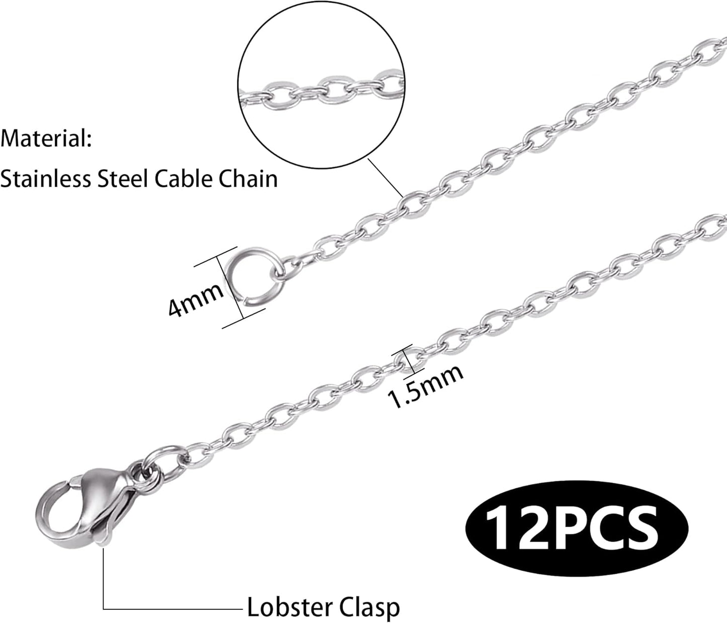 ALEXCRAFT Wholesale 12 PCS Genuine Stainless Steel Cable Chain Necklace Chains Bulk for Jewelry Making(18 Inch(1.5MM))