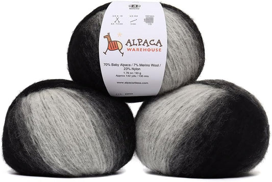 Pullu - Baby Alpaca Merino Wool Yarn Set of 3 Skeins (150 Grams) Worsted Weight - Sourced Directly from Peru - Heavenly Soft and Perfect for Knitting and Crocheting (Silver Noir)
