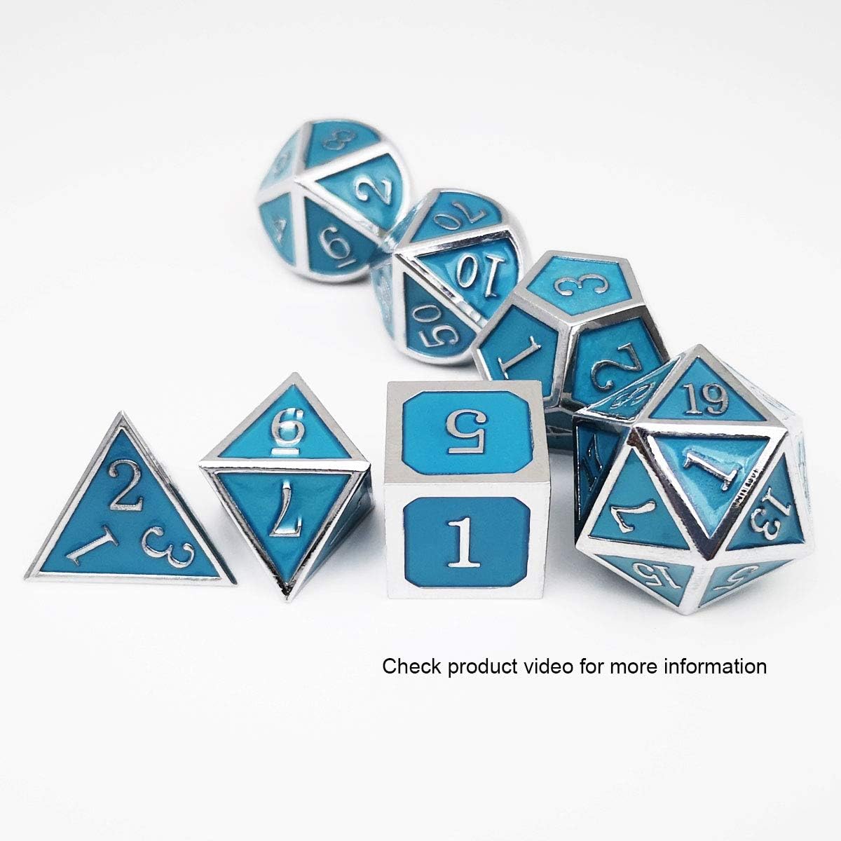 Haxtec Glow in The Dark Metal Dice Set D&D Glowing Blue Silver W/Dragon Dice Bag 7 Die D&D Dice Set Compatible with Dungeons and Dragons RPG