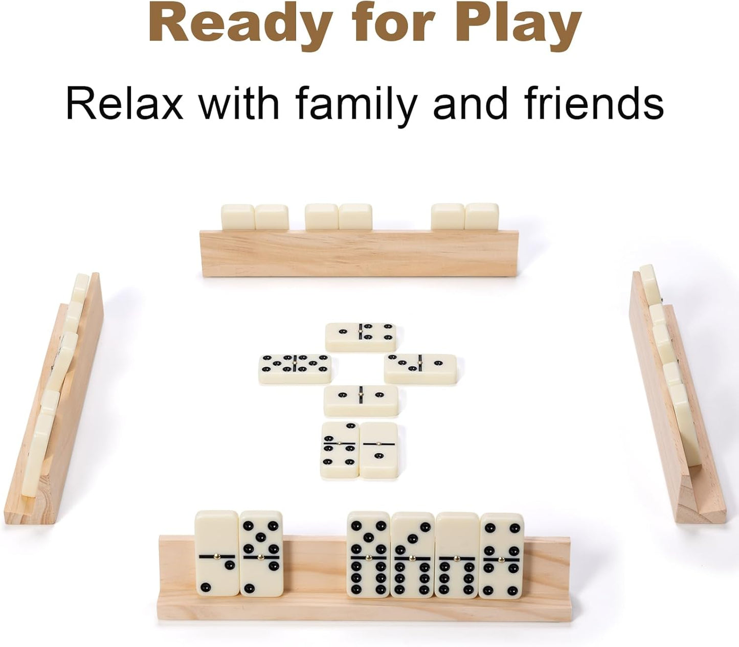 Dominoes Set for Adults, 28 Tiles with 4 Wooden Racks/Trays, Portable Double 6 Domino Game Set, Classic Board Game for Family Fun