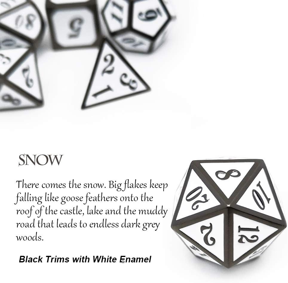 Haxtec 7 Die DND Metal Dice Set D&D 7PCS DND Dice of D20 D12 D10 D8 D6 D4 Compatible with Dungeons and Dragons RPG Games-Glossy Enamel Dice (Black White)