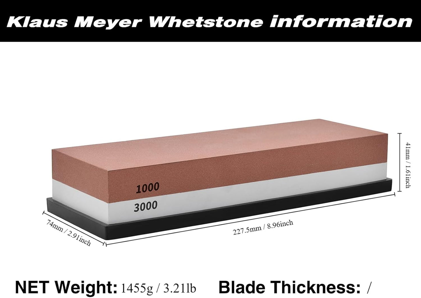 Klaus Meyer Premium Whetstone Knife Sharpening Stone 2 Side Grit 1000/3000 Waterstone- Whetstone Knife Sharpener- NonSlip Silicone Base