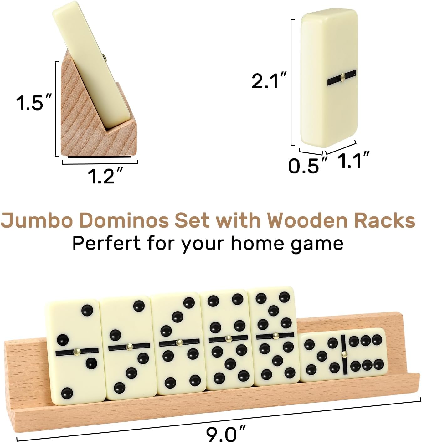 Jumbo Dominos Set for Adults with 4 Wooden Racks/Trays, Double 6 Dominoes Travel Set with Portable Case Double Six Dominoes Set with 4 Tiles Holders, 28 Tiles Dominos Set for Family Board Games
