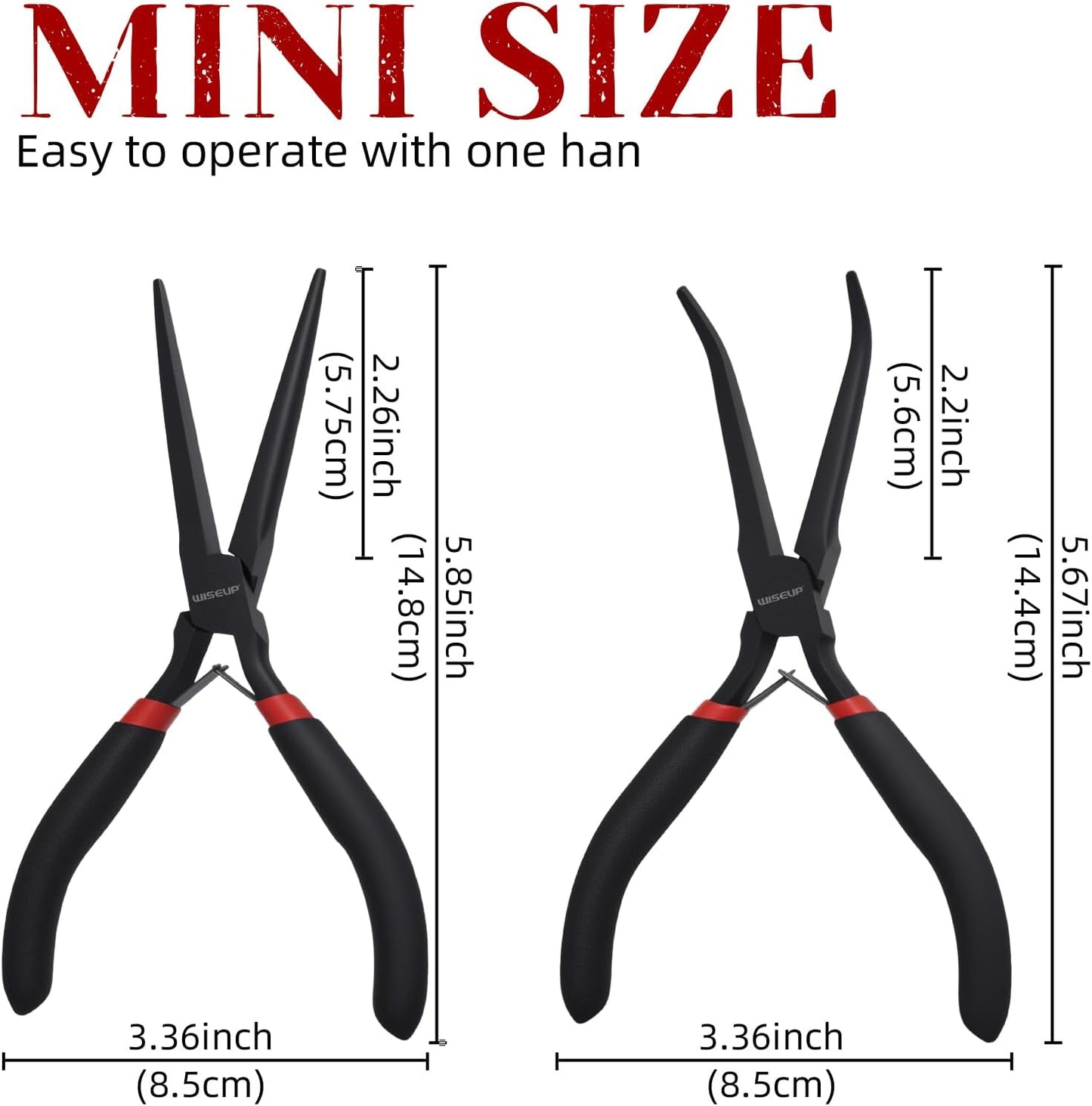 WISEUP 6" Mini Needle Nose Pliers Set，2-Piece Small Long Reach Bent Needle Nose Pliers for Jewelry DIY Craft，Repair & Wire Wrapping