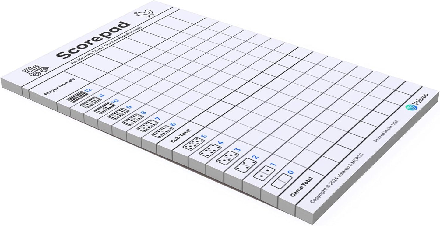Mexican Train and Chicken Foot Dominoes Score Pad - 100 Scoring Sheets per Scorepad, 8.5 x 5.5 Inches - Score Sheets for Double 12 Domino Sets, White, VO-320