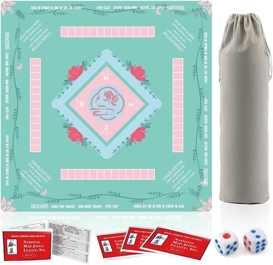 Mahjong Table Mat: 32.4 * 32.4 Inches Non-Slip and Noise-Reducing Mahjong Mat, Suitable for Mahjong, Poker, and Board Games. It Comes with 4 Mahjong Rule Cards, 2 Dice, and 1 Storage Bag.