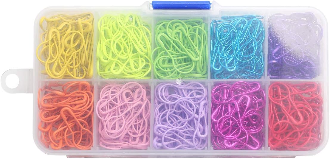 Colorful Metal Knitting Pins Stitch Markers Pear Shape Safety Pins for Sewing Clothing DIY Craft Making with Storage Box Knitting Counter Crochet Needle Clip Ring(10 colors-500pcs)