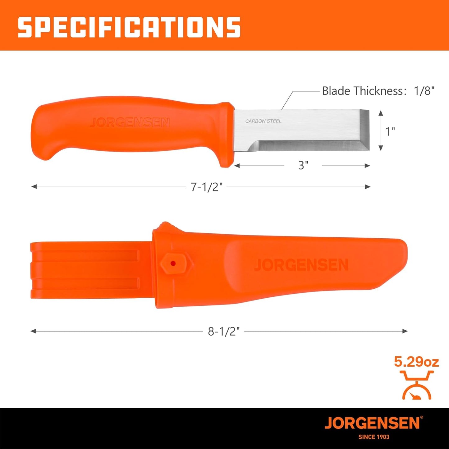 Jorgensen Wood Chisel Knife with Sheath, Wood Chisel for Woodworking with Ergonomic Handle, SK5 Carbon Steel Blade, Full Tang Design, for Carving, Whittling, Splitting