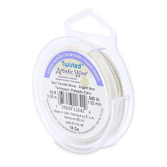 Artistic Wire, 18 Gauge / 1.0 mm Silver Plated Tarnish Resistant Colored Copper Craft Wire, Round Twist, Tarnish Resistant Silver, 10 ft / 3.1 m