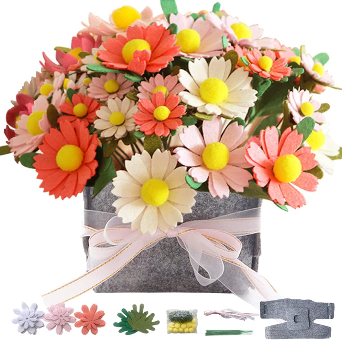 DIY Felt Flower Art Craft Kit, Daisy Bouquet Kit, Floral Gifts, Beginner Craft Kit, Arrange Pre-Cut Flowers and Foliage
