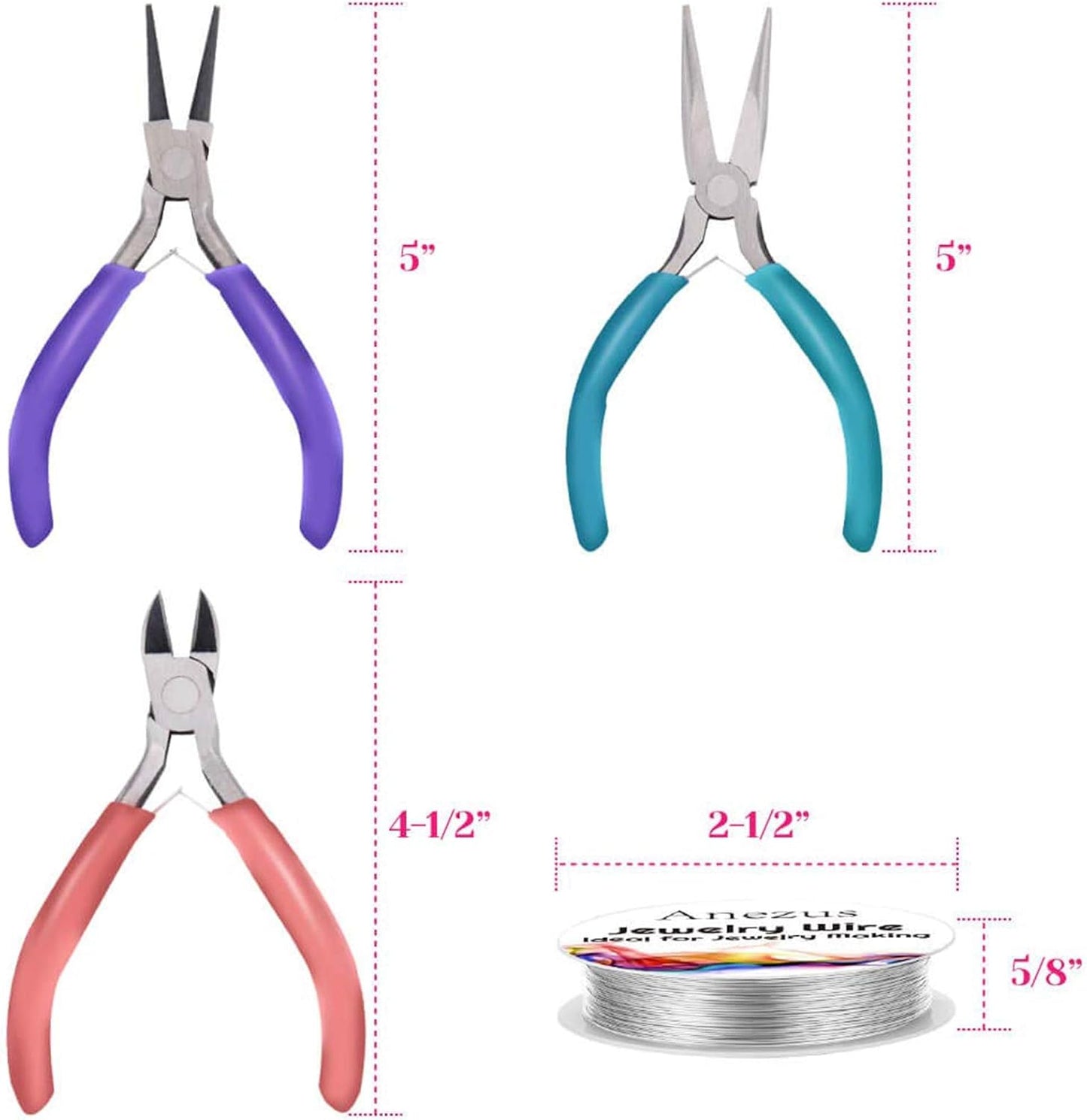 anezus 7 Pcs Jewelry Pliers and Jewelry Beading Wire Tools Set Includes Needle Nose Pliers, Round Nose Pliers, Wire Cutters and Craft Wire for Jewelry Repair Making Supplies