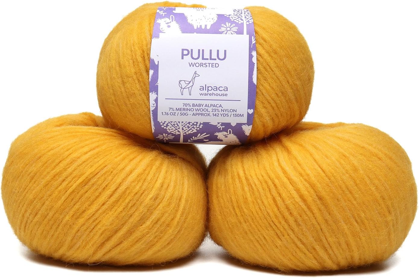 Pullu - Baby Alpaca Merino Wool Yarn Set of 3 Skeins (150 Grams) Worsted Weight - Sourced Directly from Peru - Heavenly Soft and Perfect for Knitting and Crocheting (Golden Yellow)