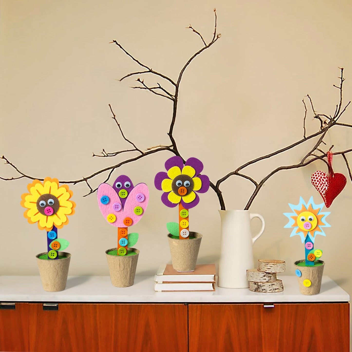 WATINC Mother's Day Spring Felt Flower Craft Kits - Make Your Standing Flowers Gift Crafts with Buttons Flower Pot Decor, DIY Flowers Decorations Home School Fun Activities for Mom Kids (24Pcs)