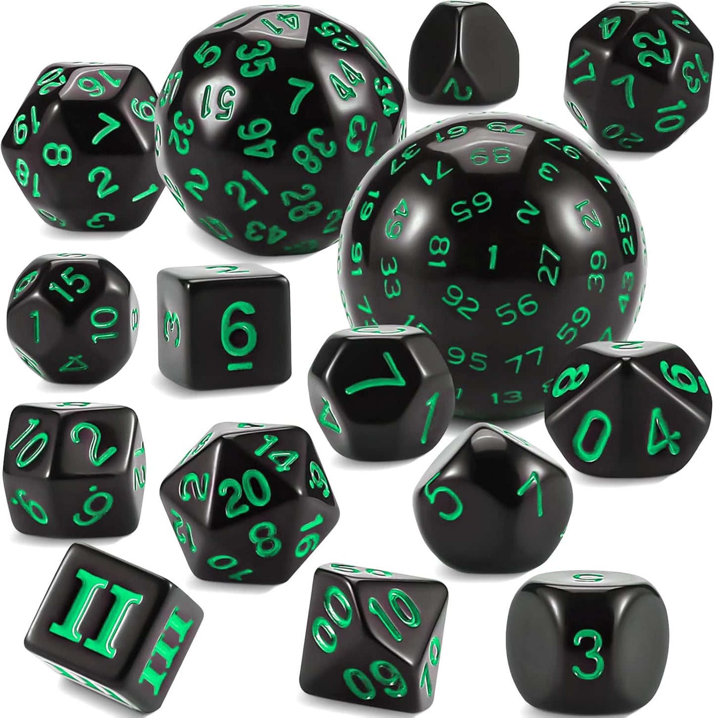 CiaraQ DND Polyhedral Dice Set (15pcs) D4-D100 Game Dice with Dice Bag for Dungeons and Dragons Role Playing Table Games (Black & Green)