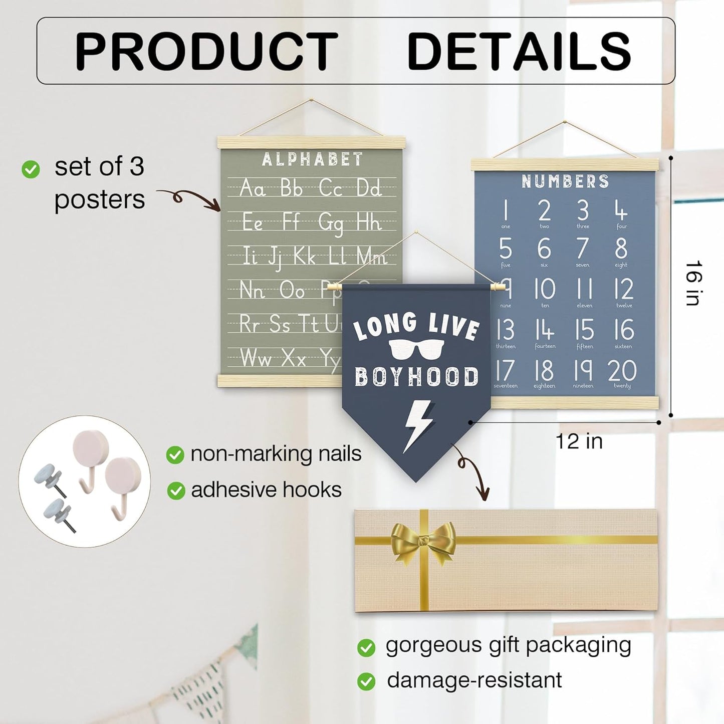 BONETAT Numbers alphabet poster for Nursery Toddlers, Play Room Wall Decor, ABC Wall Chart, Wall Hanging Decor for Toddler Playroom Decor Kids Wall Decor, Wooden Frame Alphabet Banner-A05