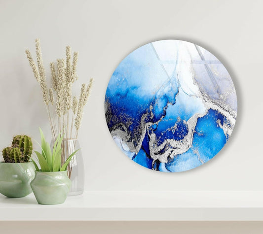 My Photostation.com 10''(25cm) Diameter Blue Marble Round with Silver Details Glass Wall Art Tempered Glass Printing Wall Decor Large Wall Art Wall Hangings