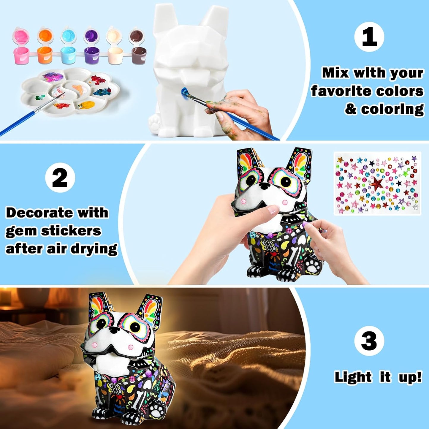 FUNZBO Paint Your Own Dog French Bulldog Lamp Kit - Halloweens Arts and Crafts Supplies Painting Kits for Kids Teens, DIY Night Light Dog Toy for Toddler Girl Boy 3 4 5 6 7 8 9 10 11 12 Birthday Gift