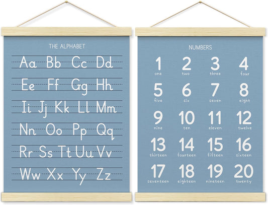 BONETAT Numbers alphabet poster for Nursery Toddlers, Play Room Wall Decor,ABC Wall Chart, Wall Hanging Decor for Toddler Playroom Decor Kids Wall Decor, Wooden Frame Alphabet Banner-A07