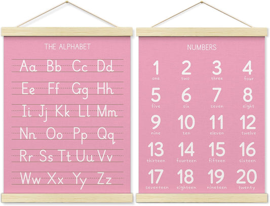 BONETAT Numbers alphabet poster for Nursery Toddlers,Correct Letter Formation on Line Paper, Play Room Wall Decor,ABC Wall Chart,Preschool Homeschool Decor Kids Wall Decor,Wooden Alphabet Banner-A08
