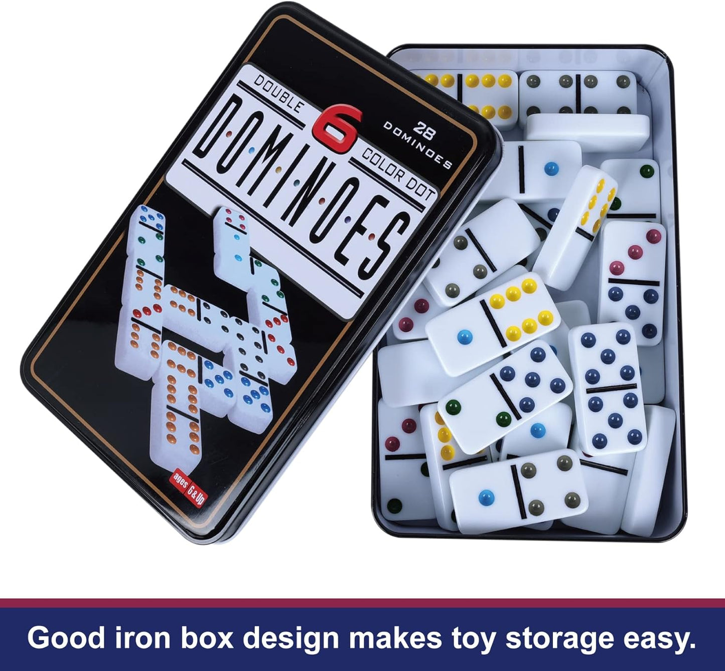 GOTHINK Double 6 Dominos Set for Adults with Tin Box Storage - 28 Tile Colorful Dot Dominoes Games Set for Family Night Gift Travel Game - Classic Party Board Game Ideal for 2-4 Players
