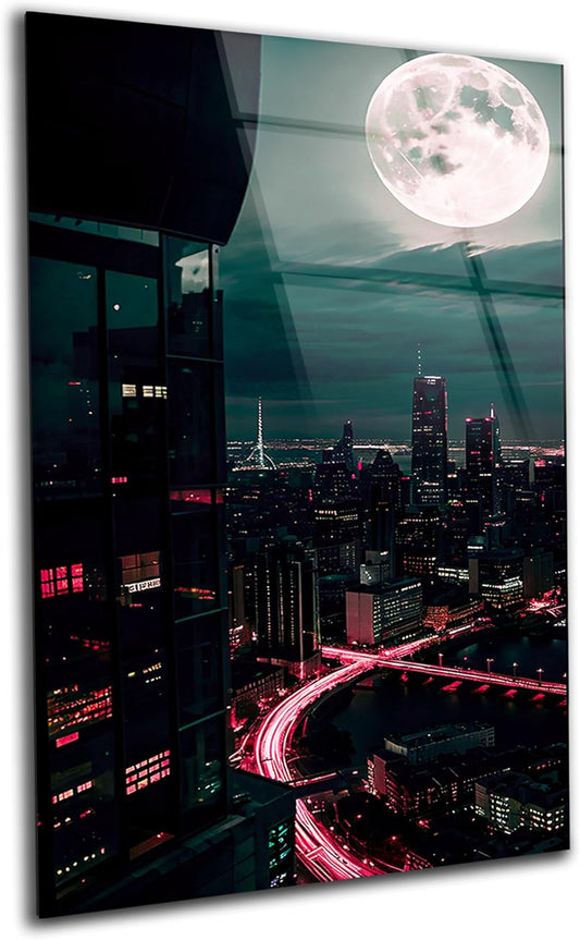 SpiritualHands Moon And City Glass Wall Art Painting for Living Room, Tempered Glass Modern Prints Decor, Large Vivid Color Panel for Bedroom, Kitchen, or Office