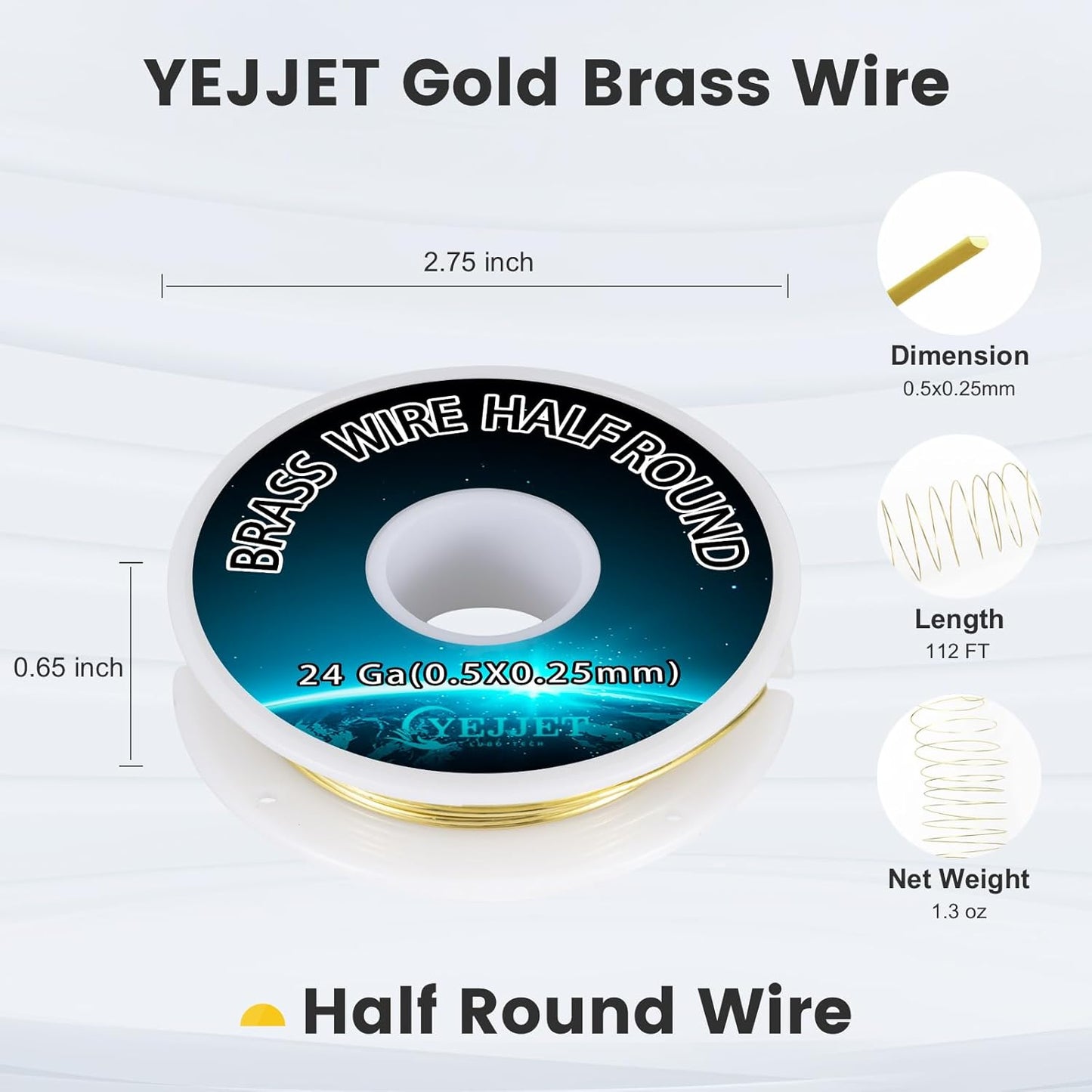 Ultra-Fine 24 Gauge Brass Wire Half Round 0.51x0.25mm - 1.3 oz 112 Feet for Detailed Jewelry, Clockmaking