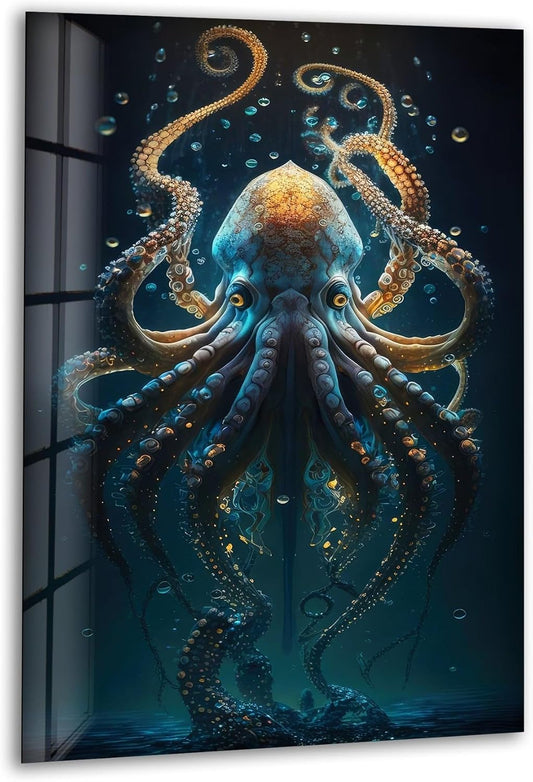 My Photostation.com 27Wx43H'' Underwater Blue Octopus Glass Wall Art Tempered Glass Printing Wall Decor Large Wall Art Wall Hangings