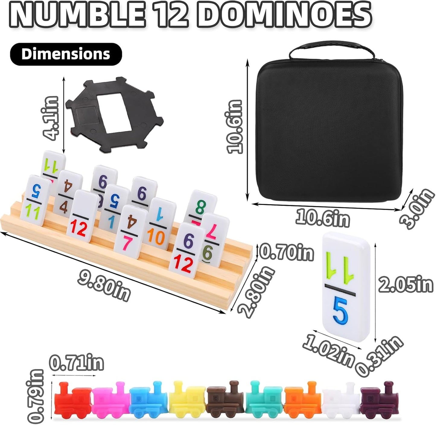 Mexican Train Dominoes Set Numbers and 8 Wooden Holders, Double 12 Travel Domino Train Game with 91 Colored Tiles and Protable Case, Number Domino Set for Kids, Adults Family Board Team Games