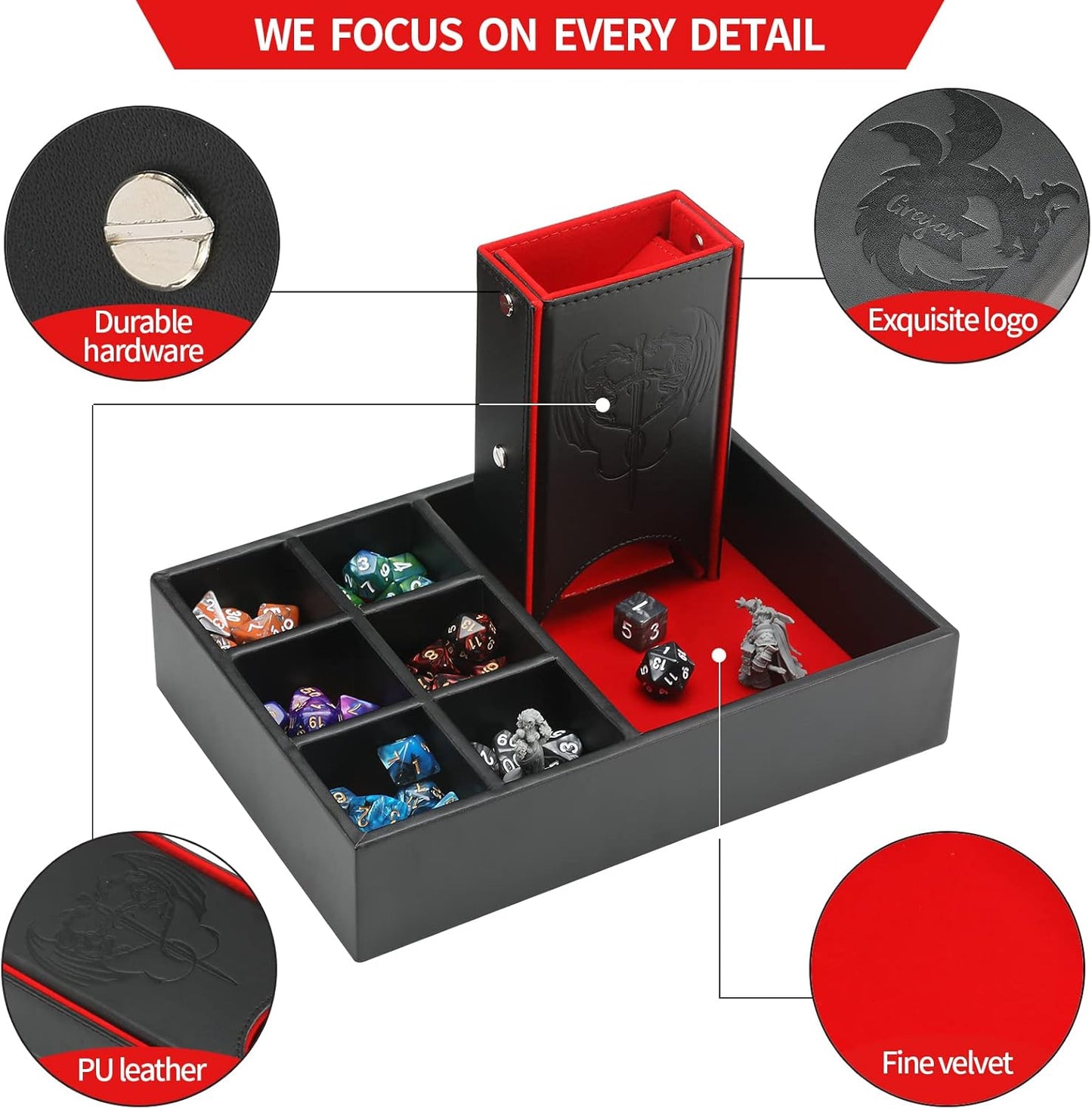 DND Dice Tray and Tower: Portable Dice Storage with Lid for Dungeons and Dragons, D&D, RPG, MTG & Table Games (Red)