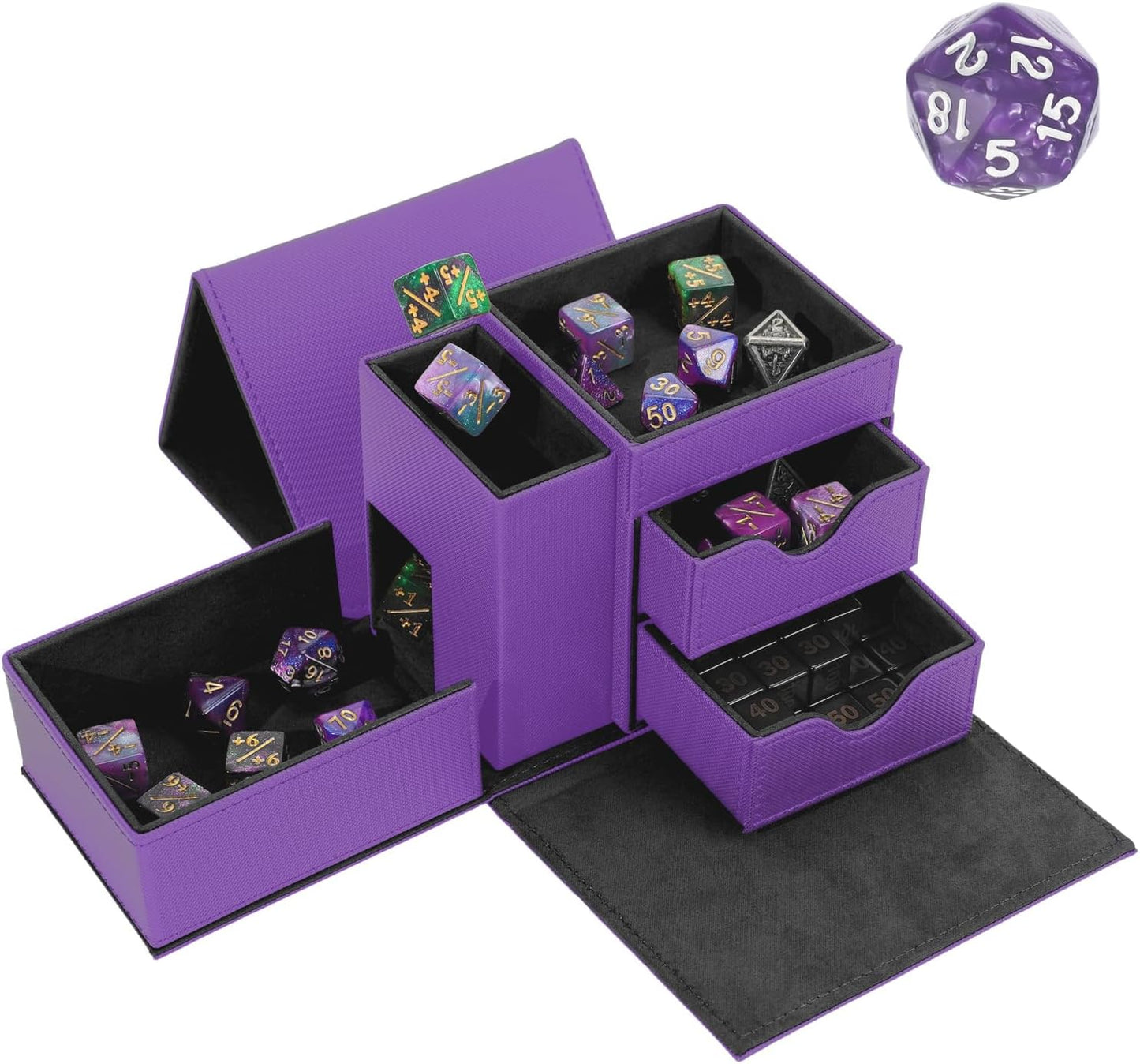 Dice Tower & Dice Tray Storage Box, 3 in 1 Dice Holder Case (Rolling Tower Storage Drawers, Dice Rolling Tray), Leather Magnetic Closure DND Accessories Gifts for RPG MTG, Violet/Black