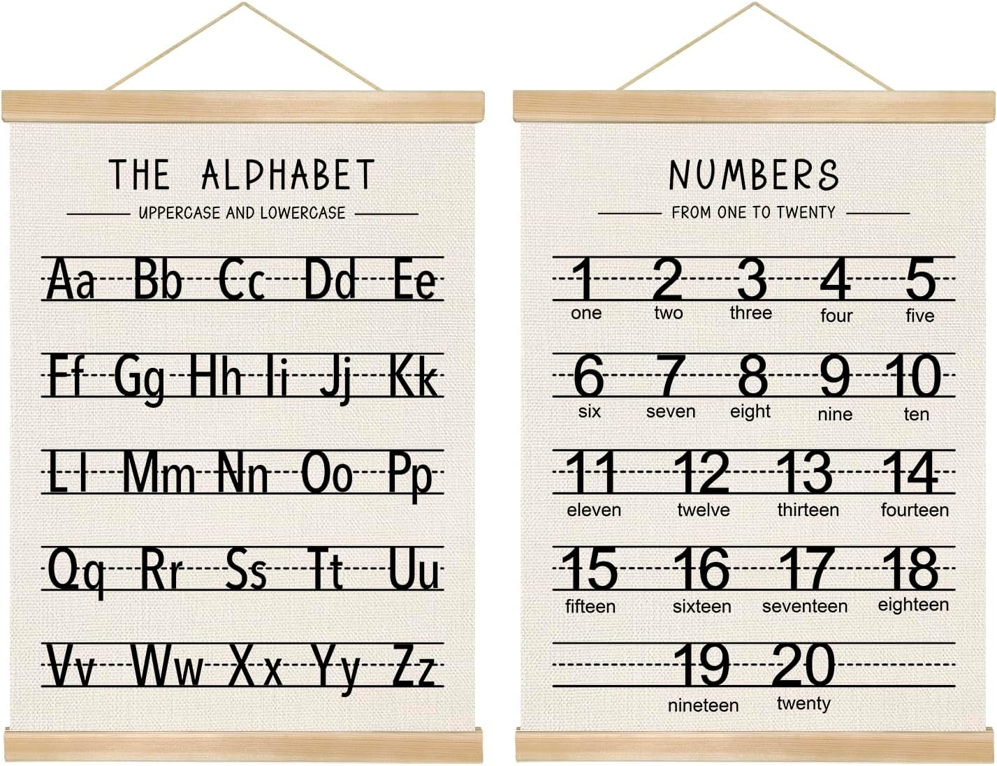 Alphabet and Numbers Wall Chart Set of 2 ,Kids Educational Posters,ABC and 1-20 Number Learning Banners for Toddlers, Preschool Classroom, Homeschool, Nursery, Playroom Decor 14 x 18.5 Inch (Black)