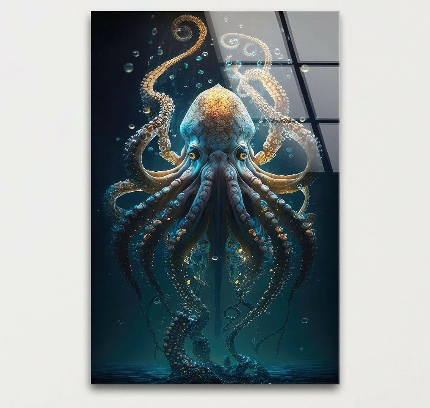 My Photostation.com 18Wx28H'' Underwater Blue Octopus Glass Wall Art Tempered Glass Printing Wall Decor Large Wall Art Wall Hangings