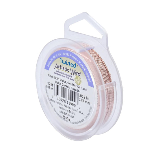 Artistic Wire, 20 Gauge / .81 mm Silver Plated Tarnish Resistant Colored Copper Craft Wire, Round Twist, Silver Plated Rose Gold Color, 12 ft / 3.65 m