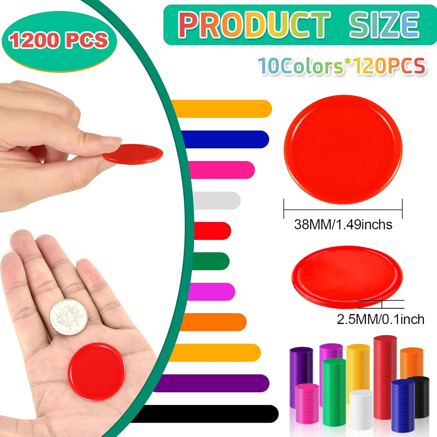 Coopay 1200 Pcs 1.5 Inch Learning Counters Disks Plastic Poker Chips, Bingo Chips 10 Colors Counting Discs Markers for Math Practice, Poker Card Game Tokens, Teaching Rewards, 38 mm