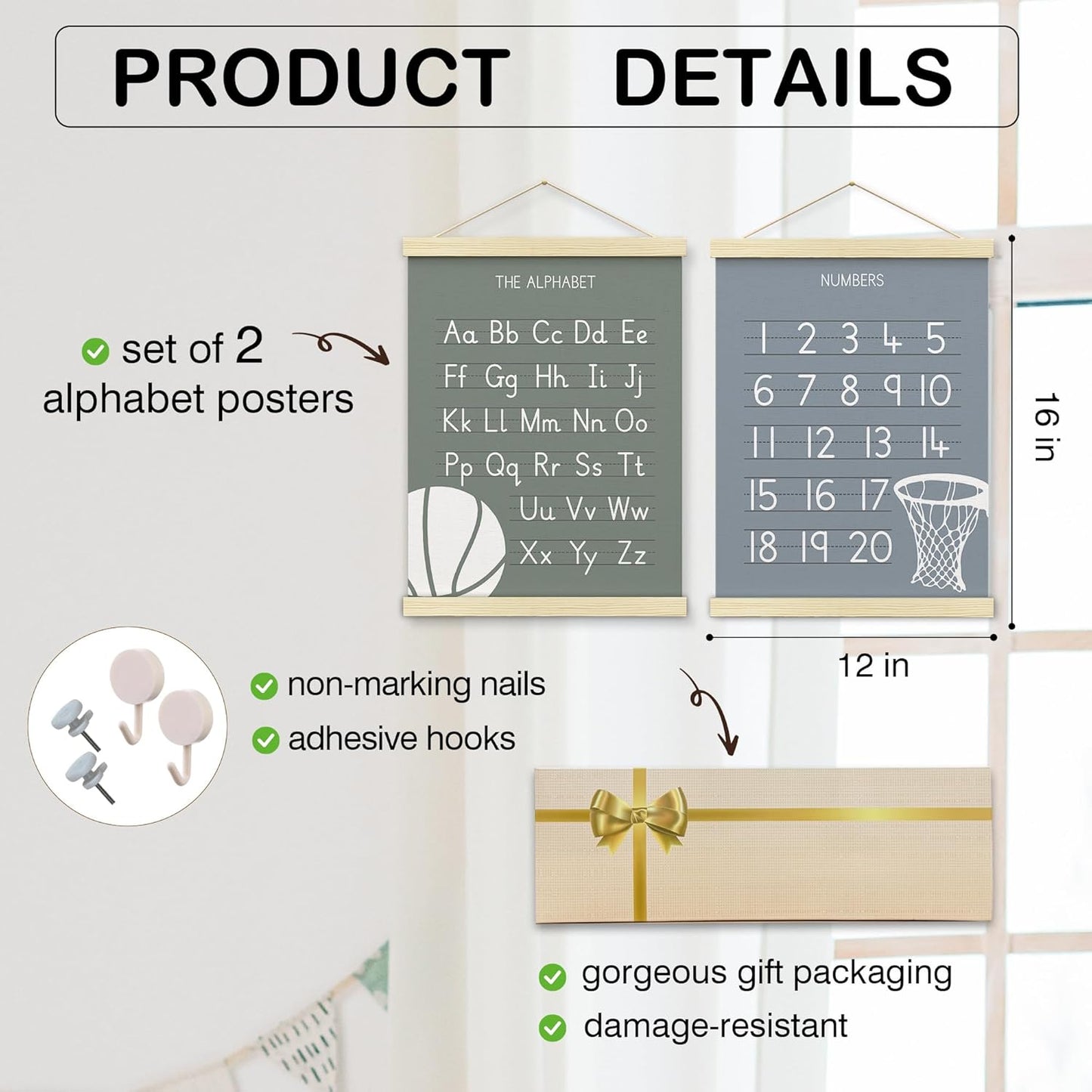 BONETAT Numbers alphabet poster for Nursery Toddlers,Correct Letter Formation on Line Paper, Play Room Wall Decor,ABC Wall Chart,Preschool Homeschool Decor Kids Wall Decor,Wooden Alphabet Banner-A10