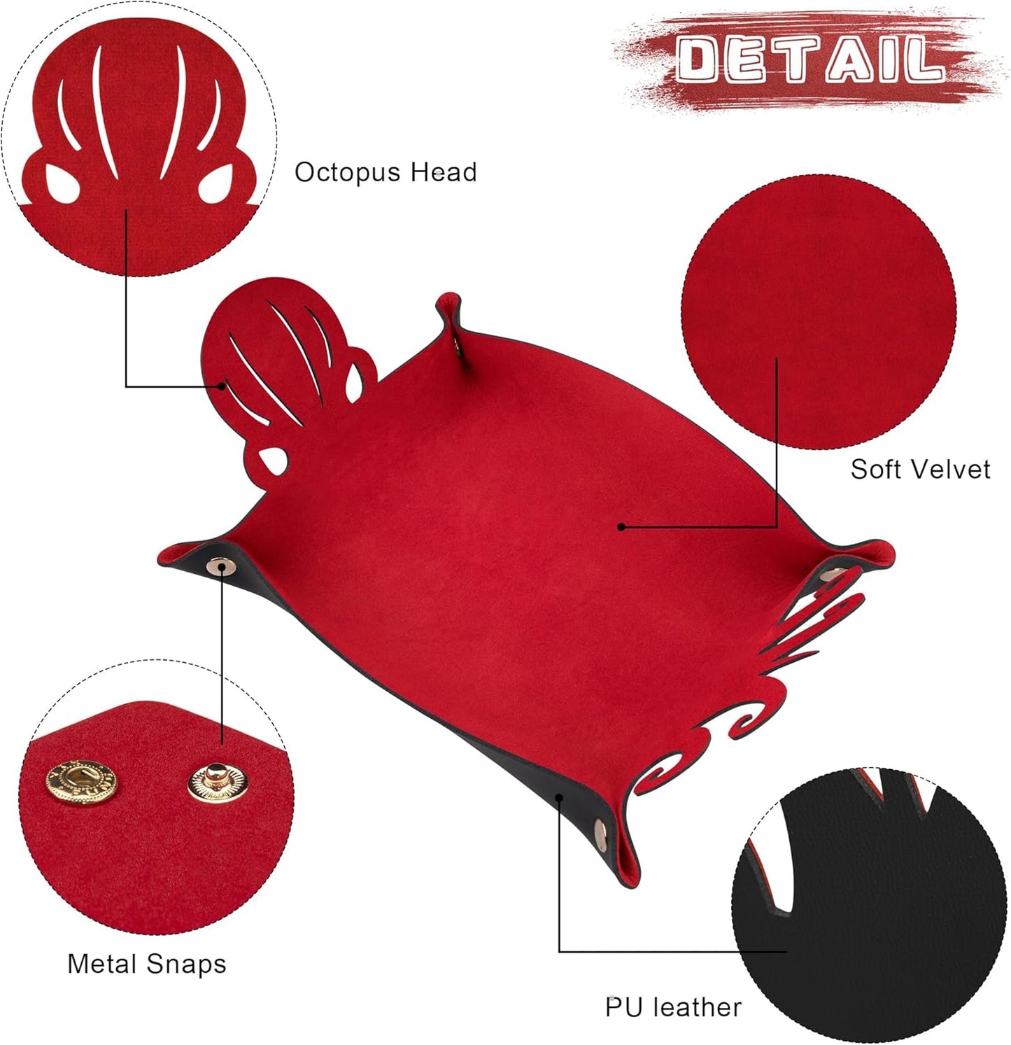 SIQUK 2 Pieces Octopus Dice Rolling Tray PU Leather Dice Mat Folding Scroll Dices Holder Trays for D&D RPG Games (Black, Red)