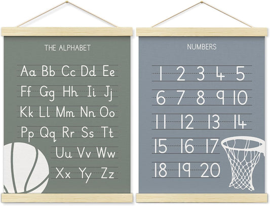 BONETAT Numbers alphabet poster for Nursery Toddlers,Correct Letter Formation on Line Paper, Play Room Wall Decor,ABC Wall Chart,Preschool Homeschool Decor Kids Wall Decor,Wooden Alphabet Banner-A10