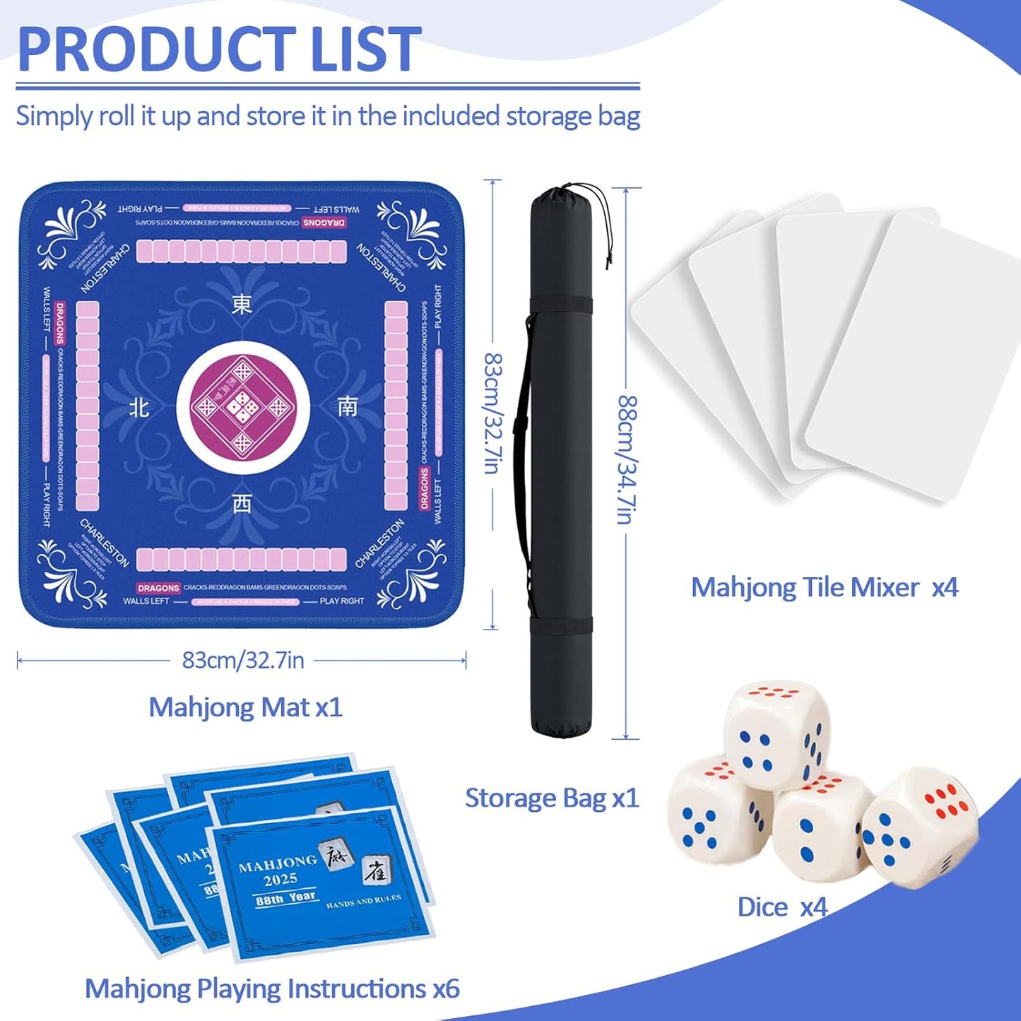 Mahjong Mat with Rules for Table with 6 Mahjong Playing Instructions,4 Mahjong Tile Mixer,4 Dice & Carrying Bag,Non-Slip and Silent Travel Mahjong Set for Mahjong/Poker/Board Games/Card Games/Dominoes