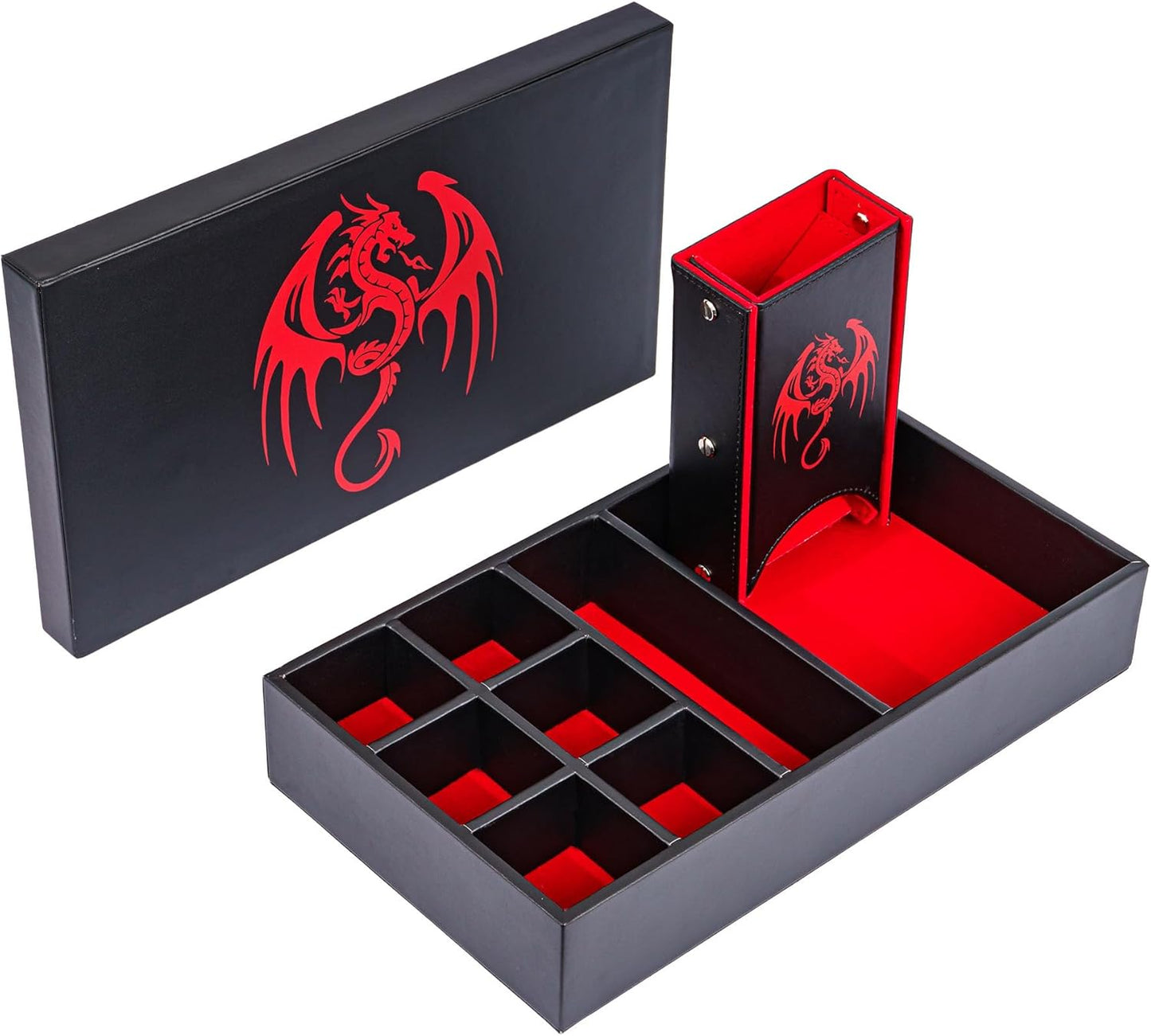 4 in 1 D&D Storage Dice Box Portable Rolling Tray and Dice Tower, Leather DND Holder Case for Role Playing Games Table Games - Red