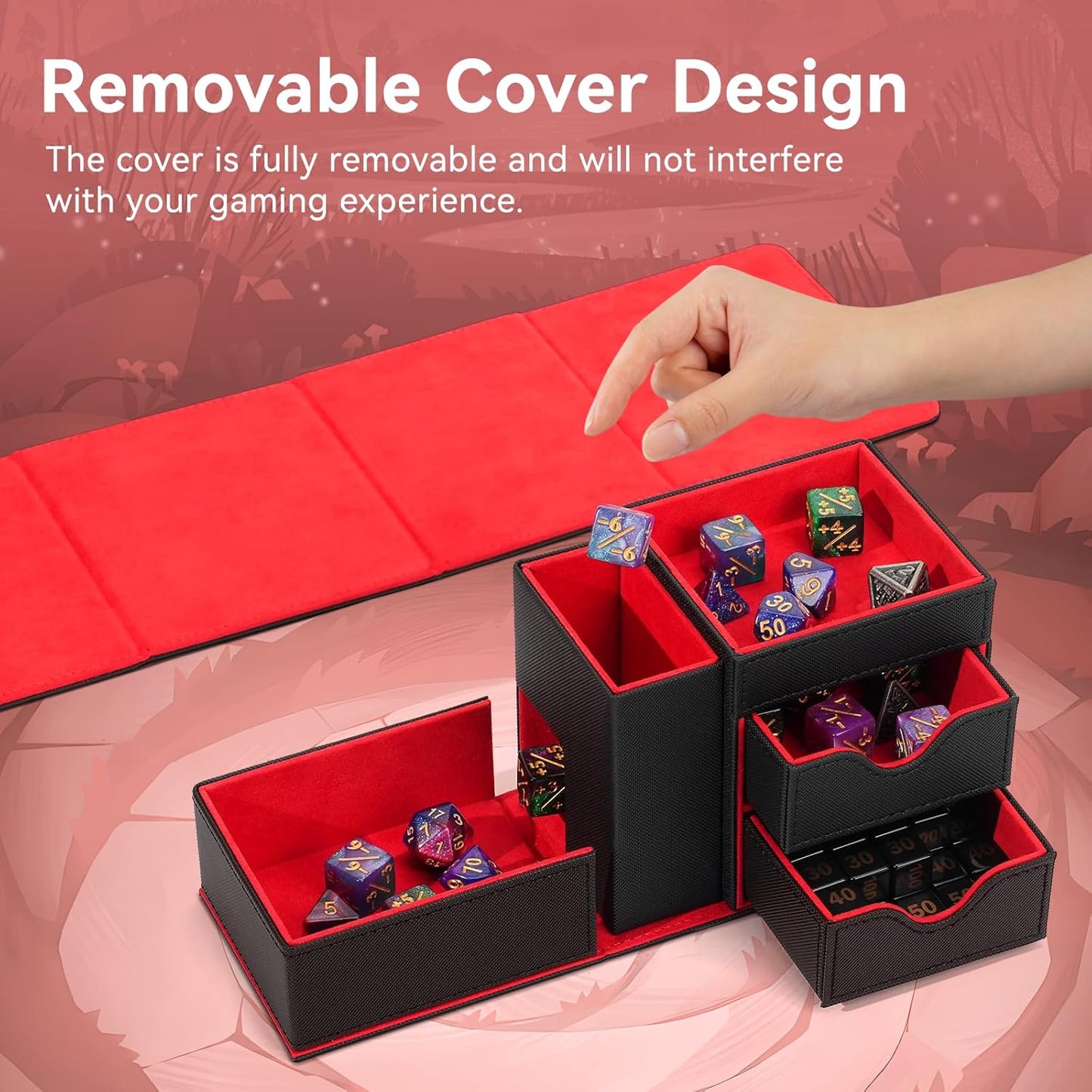Dice Tray & Dice Tower Storage Box, 3 in 1 Dice Holder Case (Dice Rolling Tray, Dice Rolling Tower, Dice Storage Drawers), Leather Magnetic Closure DND Accessories Gifts for RPG MTG, Black/Red