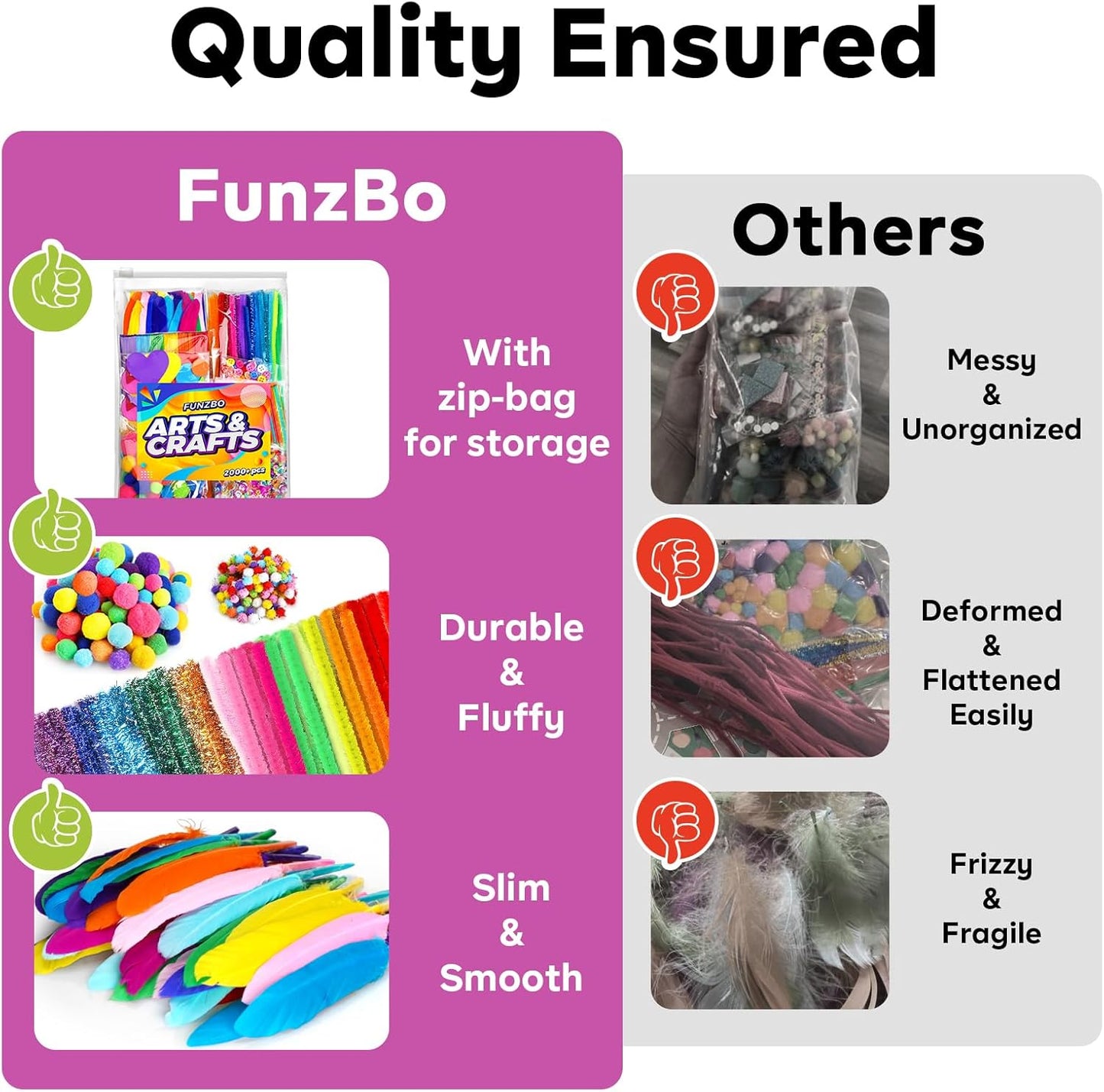 FUNZBO 2000Pcs+ Arts & Crafts Supplies Kits for Kids, DIY Craft Supplies for Toddlers Art Supply Tools Set Include Pipe Cleaners,Pom Poms and Feather, Crafts Birthday Gifts for Kid Girls Ages 4-8-12