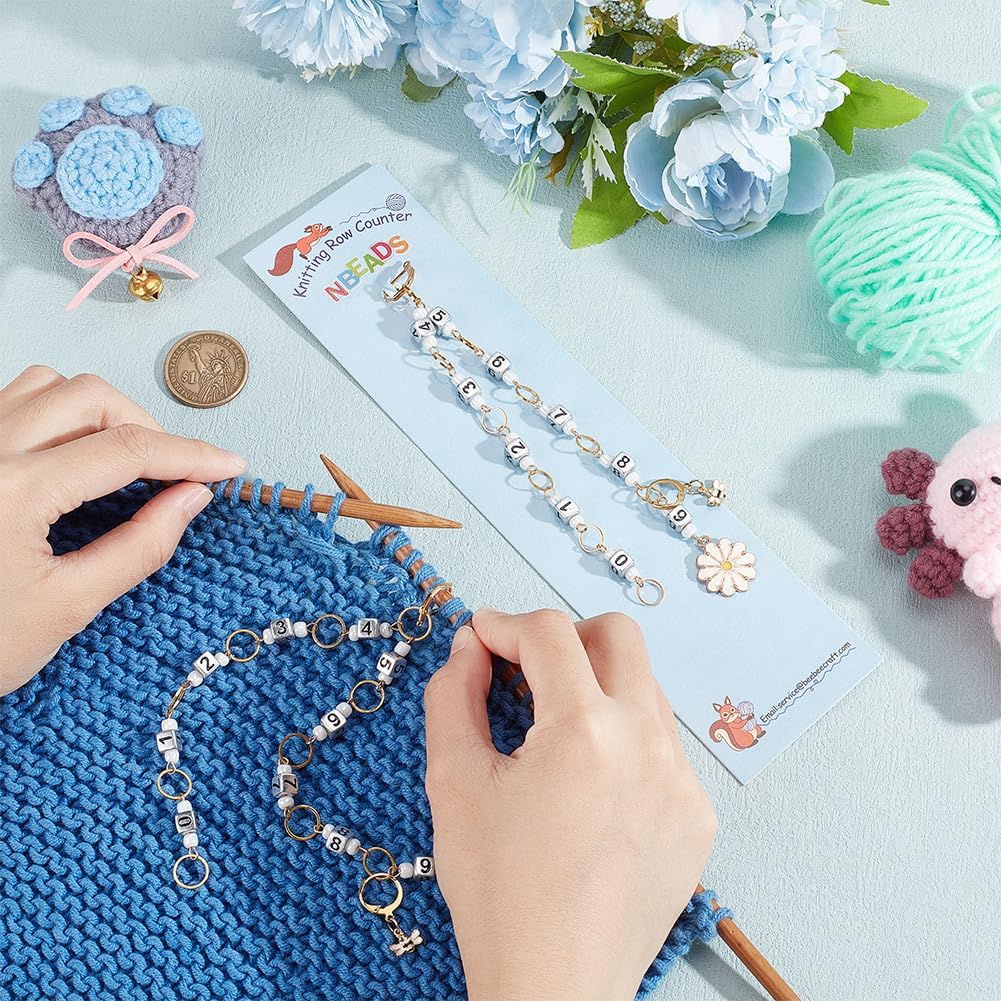 NBEADS 2 Pcs Flower and Bee Knitting Row Counter Chains, Number Beads Acrylic Stitch Markers Row Counting Accessories for Knitting Crochet Tracking Project Progress