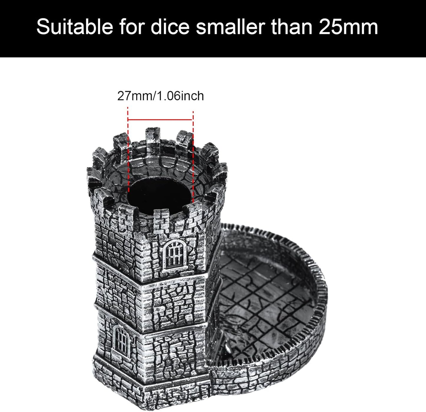 Castle DND Dice Tower, Wall Carving Dice Rolling Tower for Role Playing Game | Easy Roller Perfect for Board Game, D&D and RPG (Ancient Silver)