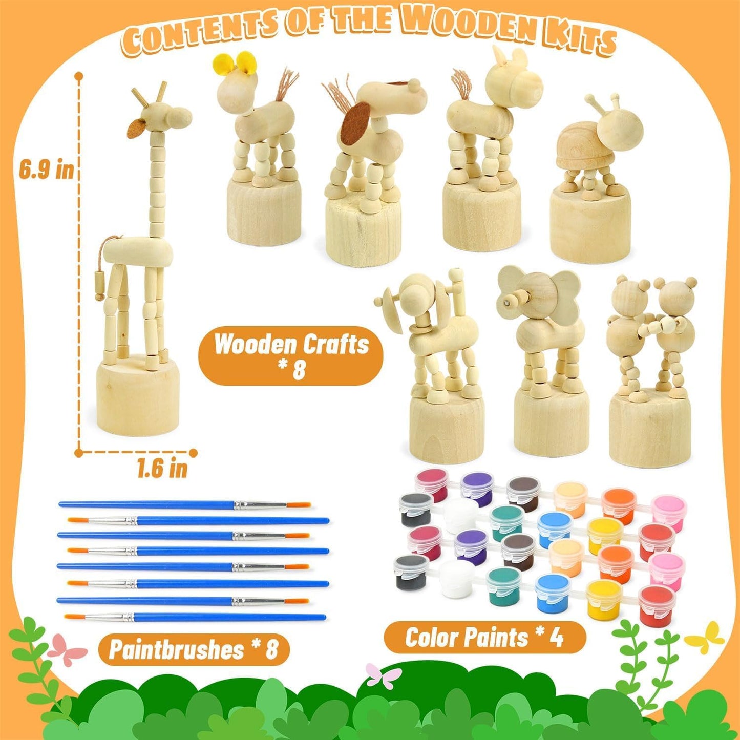 Vileafy Crafts for Kids, Painting Kits for Kids Ages 4-8 with Paints & 8 Brushes, DIY Arts and Crafts for Boys and Girls, Unfinished Wood Figures for Painting Party Favors