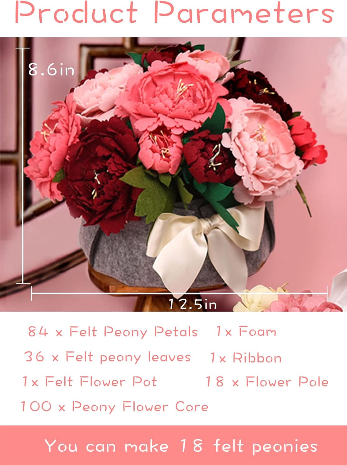 BAZIMA DIY Felt Flower Art Craft Kit, DIY Felt Peony Pot Bonsai Kit,18 Peonies,Floral Gifts