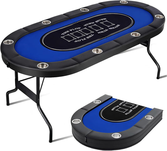 Folding Poker Table, 8 Player Portable Design with Collapsible Legs & Cup Holders, 72 Inch Foldable Casino Table for Quick Setup, Texas Holdem & Card Games
