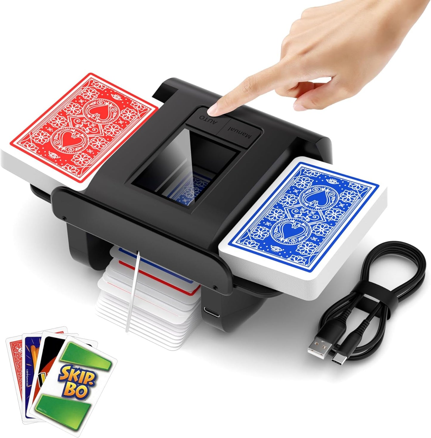 Automatic Card Shuffler, Rechargeable Cards Shuffler Machine with AUTO & Manual Mode, 1-2 Decks Low Noise Electric Shuffling Machine for Poker, UNO, Texas, Blackjack, Skip-Bo, Bridge, Phase 10