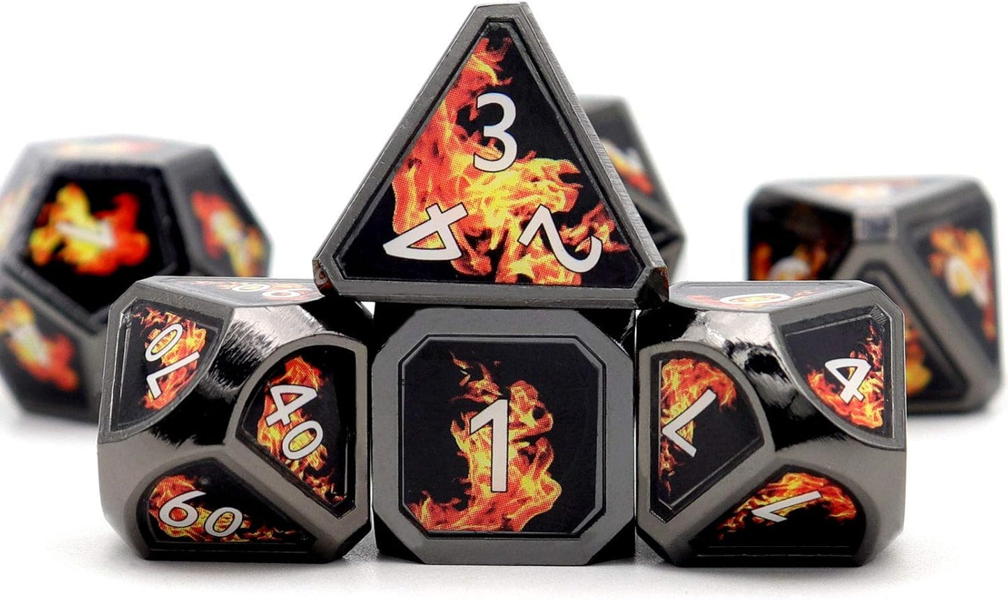 Haxtec Fire Bolt Real Scene Metal DND Dice Set Black Polyhedral Metal Dice for D&D Compatible with Dungeons and Dragons Gifts TTRPG Games-Dark Fire