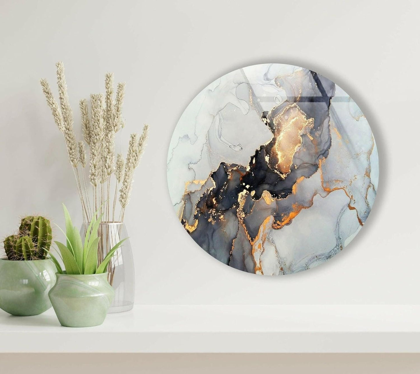 My Photostation.com 15.8''(40cm) Diameter Gold Details Gray Marble Round Glass Wall Art Tempered Glass Printing Wall Decor Large Wall Art Wall Hangings